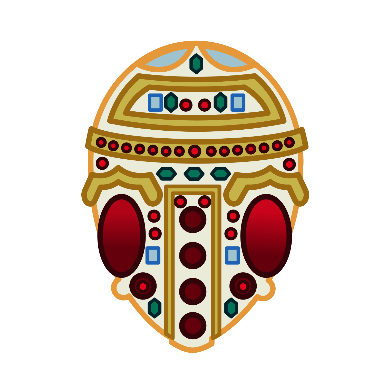 A drawing of an ivory faberge egg with gold trim and red and gren jewels